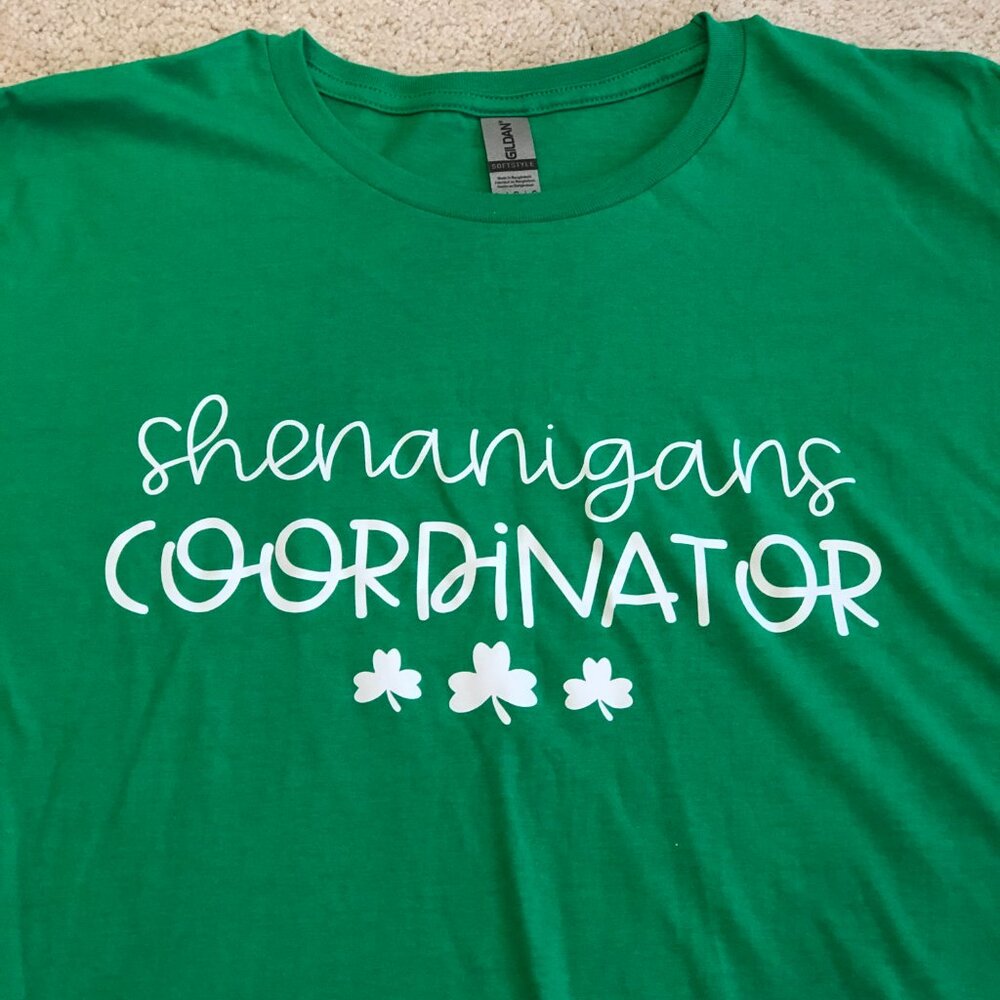 Gildan Soft Green Graphic Irish "Shenanigans Coordinator" T-Shirt Workout Top - Picture 2 of 8